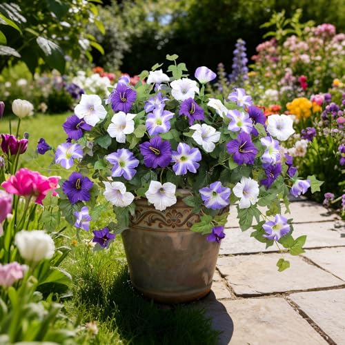 WETRBWEH Artificial Flowers for Outdoors,2 PCS Purple Faux Morning Glory UV Resistant Silk Flowers for Outdoor Planters Garden Balcony Porch Decor Realistic Fake Flowers for Spring Decoration - Image 2