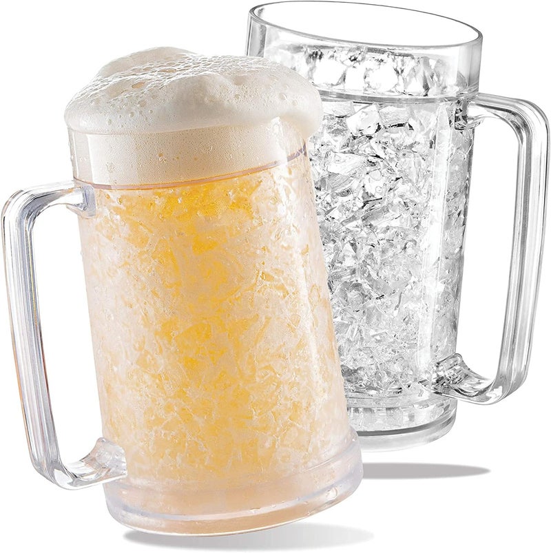 luxail Freezer Beer Mugs, Double Wall, Insulated Gel Plastic Pint Freezable Glasses, 16 oz, Clear 2 pack, Chiller Frosty Cup, Frozen Ice Freezer Mug, Freezer Cups. - Image 1