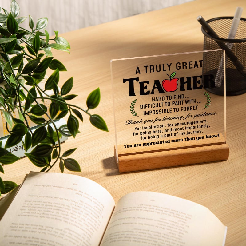 Afterprints Teacher Gifts for Women or Men, Teacher Appreciation Acrylic Plaque with Wooden Base, Thank You Gift for Teachers on Valentines Day, Birthday, Retirement - Image 5