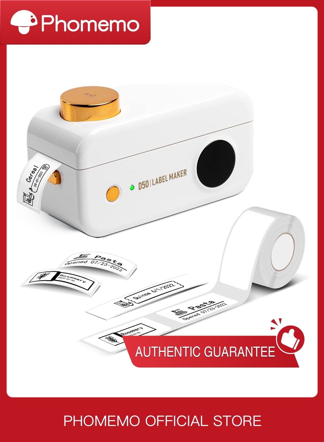 phomemo D50 Label Maker ,Mini Label Makers Portable Bluetooth Label Maker Machine,16-24mm Print Width for Organization,Office,Home, USB Rechargeable,Support iOS & Android(1 Printer + 1 Roll Labels)