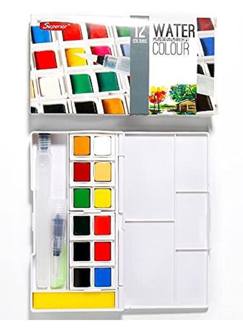سوبيريور مجموعة ألوان مائية - 12 قطعة مع فرشاة رسم - الوان اكوريل حجر 12 لون - Image 1