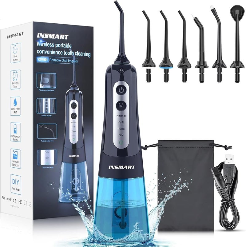 INSMART Cordless Water Dental Flosser Teeth Cleaner, Professional 300ML Tank DIY Mode USB Rechargeable Dental Oral Irrigator for Home and Travel, IPX7 Waterproof 4 Modes Irrigate for Oral Care Blue - Image 1