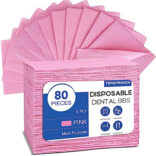 TENKAIWICK 80 Pack Disposable Dental Bibs 13"x18", 3-Ply Waterproof Tattoo Bibs Sheet for Nail Salon, Dental Clinic, Feeding, Tattoo Shop (Pink) - Image 1