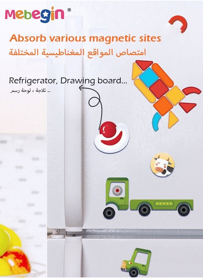 MEBEGIN - Wooden Geometric Shape Magnetic Puzzle Matching Picture Game With 92 Magnets Sheets and 10 Scene Cards for Kids Educaitional Toys - Image 1