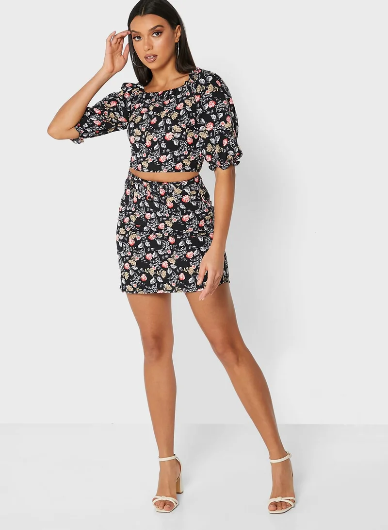 Ginger Floral Puff Sleeve Top & Mini skirt Set