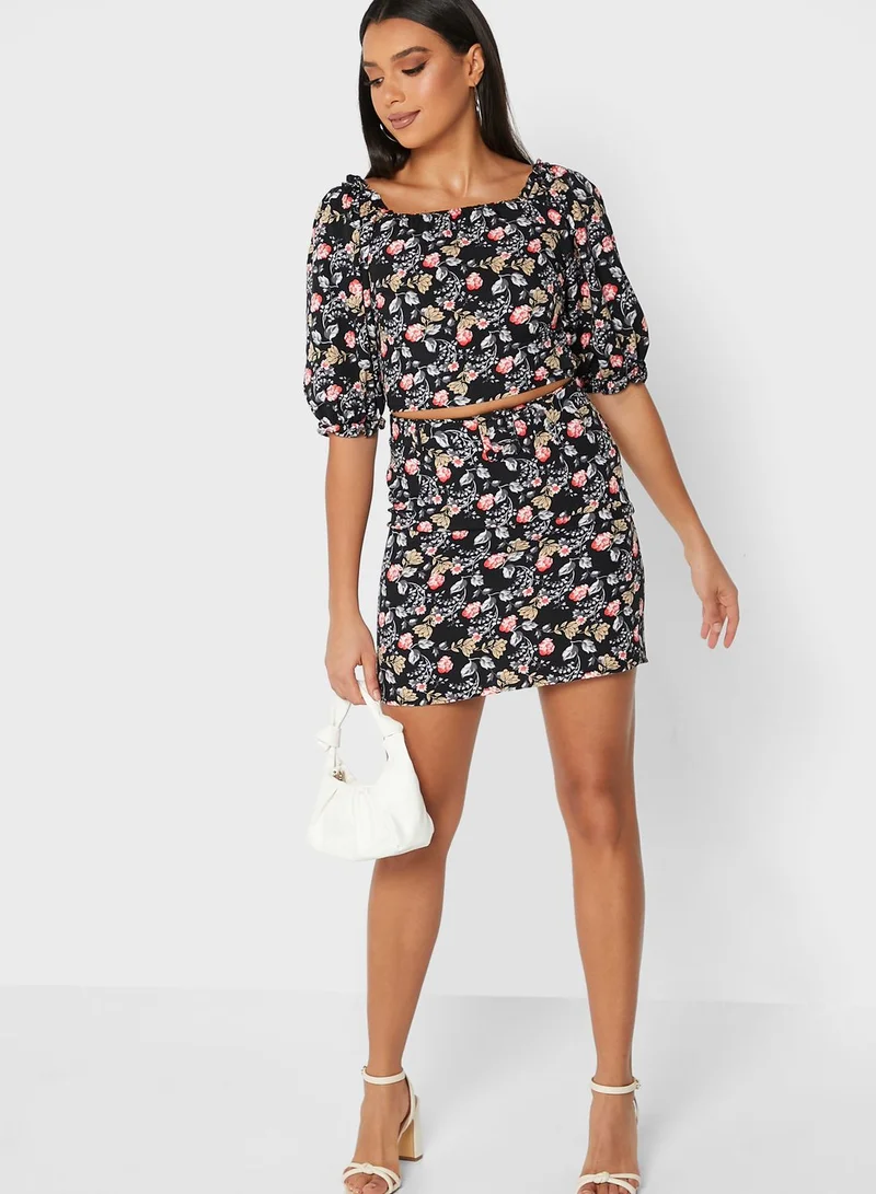 Ginger Floral Puff Sleeve Top & Mini skirt Set