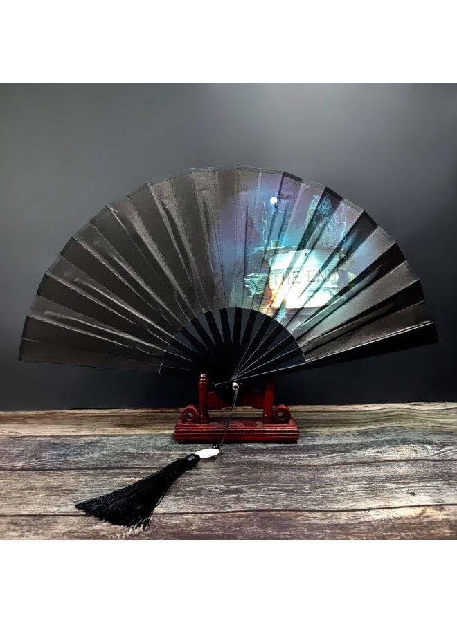 Chinese Style 8 Inch Plastic Fan With Tassel Pendant Antique Domineering Folding Fan Men's Hanfu Dance Silk Cloth Fan Wholesale-Specification:8inch Animal Fan-Colour:8inch Tassel Folding Fan-14 - Image 1
