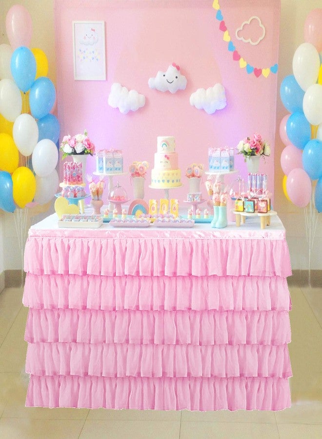 Jeloris Mermaid Tulle Table Skirt for Rectangle or Round Table Tutu Chiffon Tablecloth for Birthday, Baby Shower, Wedding, Party Decoration (Pink, L 6ft, H 30in) - Image 1