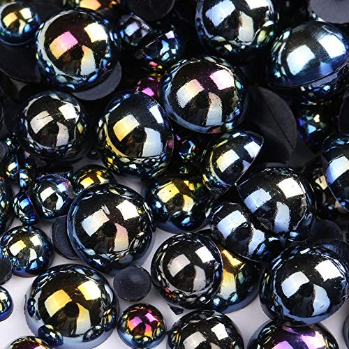 Dowarm 1000 Pieces Flatback Half Pearls, Mixed Size 4/6/8/10/12/14mm Flat Back Round Half Pearls Beads for Crafts Jewelry, Loose Beads Gem (Jet Black AB) - Image 1
