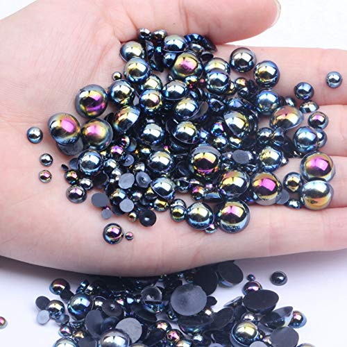 Dowarm 1000 Pieces Flatback Half Pearls, Mixed Size 4/6/8/10/12/14mm Flat Back Round Half Pearls Beads for Crafts Jewelry, Loose Beads Gem (Jet Black AB) - Image 2