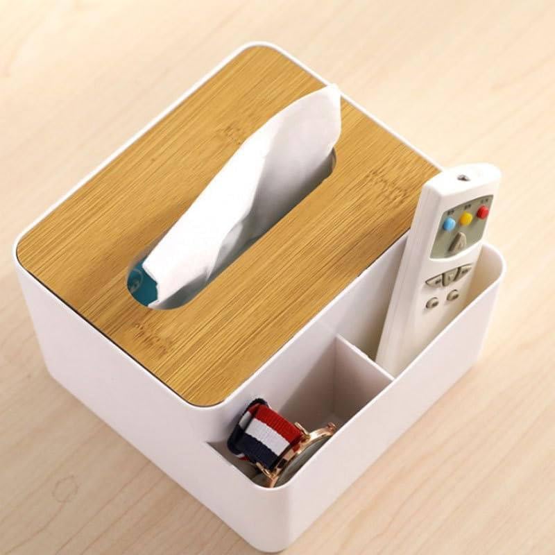 Shrux Wooden Look Tissue Storage Box for Bathroom Countertops Bedroom and Restaurant | Multi-Compartment Tissue,Napkin Holder Box with Remote Holder,Accessory Holder Box, Wooden Tissue Box - Image 1