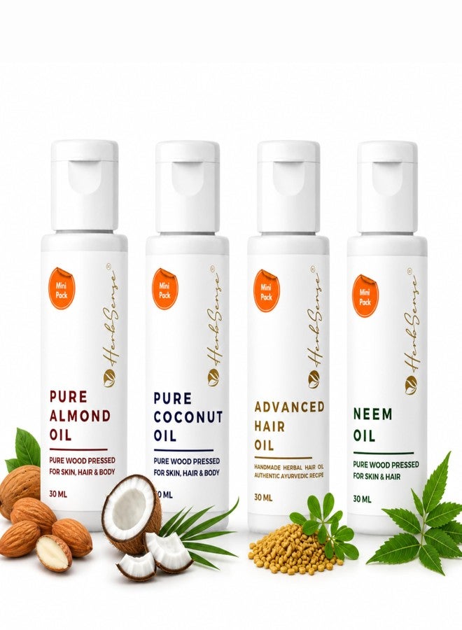 Herbsense Mini Oils Combo Pack- Wood Cold Pressed Oils For Skin & Hair - Contains Pure Almond Oil, Coconut Oil, Hair Oil & Neem Oil, Mini Oil Shots Pack of 4 (Each 50ml, 50ml x 4) - Image 1