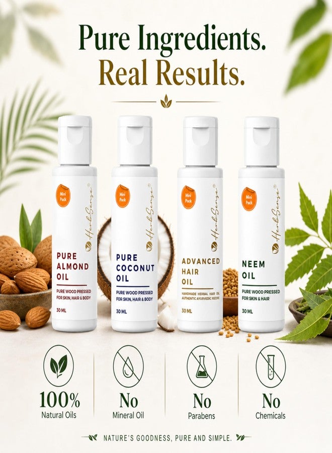 Herbsense Mini Oils Combo Pack- Wood Cold Pressed Oils For Skin & Hair - Contains Pure Almond Oil, Coconut Oil, Hair Oil & Neem Oil, Mini Oil Shots Pack of 4 (Each 50ml, 50ml x 4) - Image 2