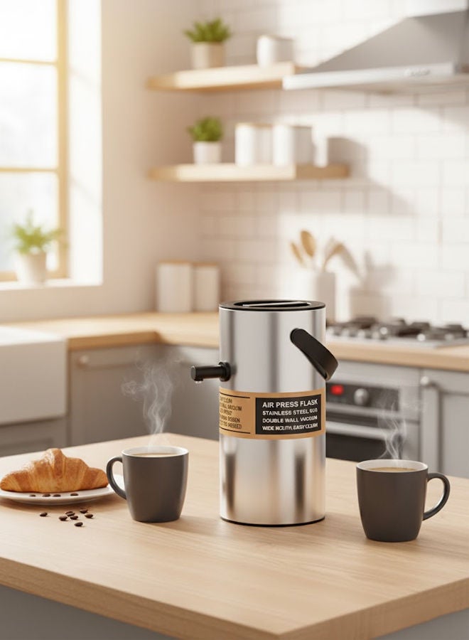 GAZELLA Stainless Steel Tea/Coffee Flask 2.0 Liter Silver/Black, Air Pot, Borosilicate Glass, Double Wall Vacuum - Image 2