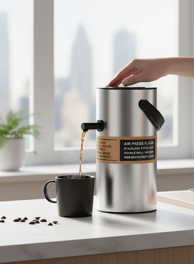 GAZELLA Stainless Steel Tea/Coffee Flask 2.0 Liter Silver/Black, Air Pot, Borosilicate Glass, Double Wall Vacuum - Image 4