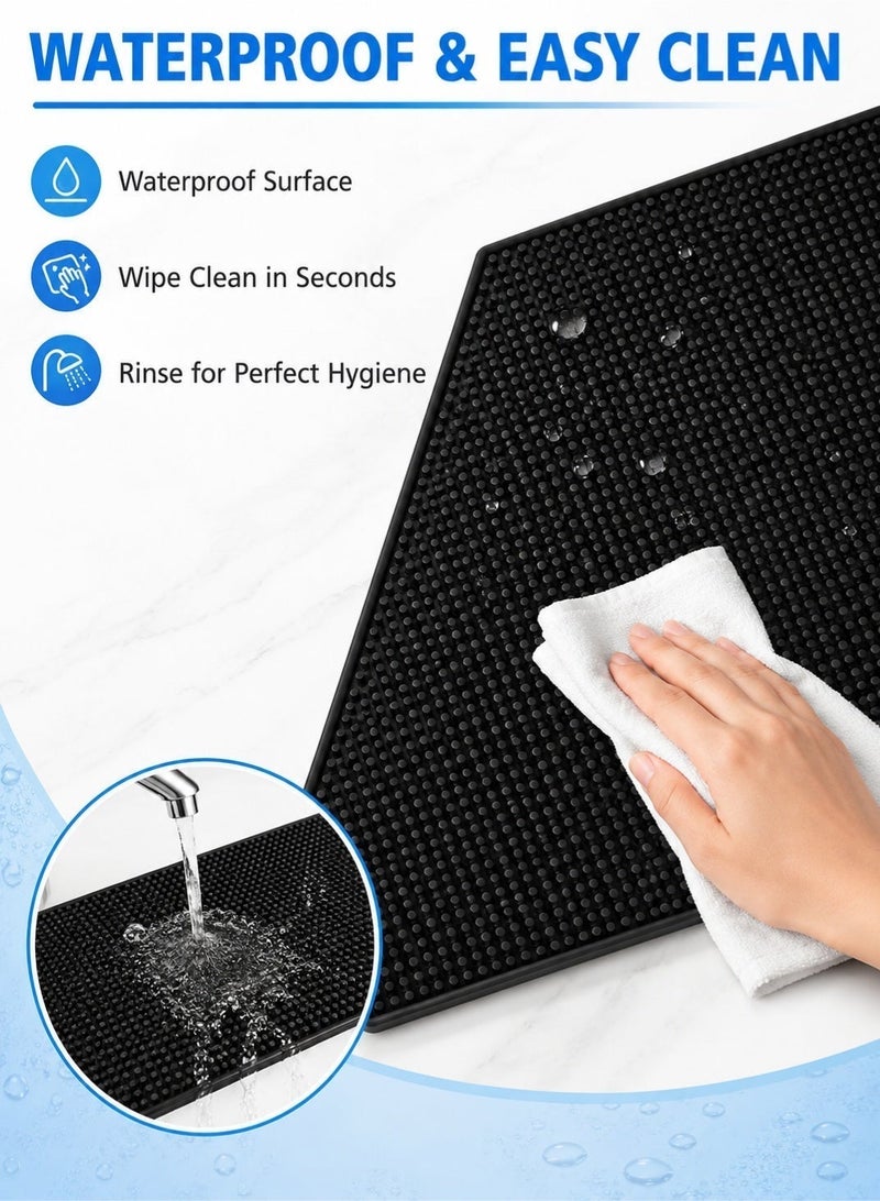بي إيان حصيرة قهوة لسطح المطبخ، مقاس 45 × 30 سم، حصيرة بار قهوة سوداء من PVC مقاومة للماء، حصيرة تجفيف مقاومة للحرارة للمطبخ والبار وركن القهوة، سهلة اللف والتخزين - Image 3