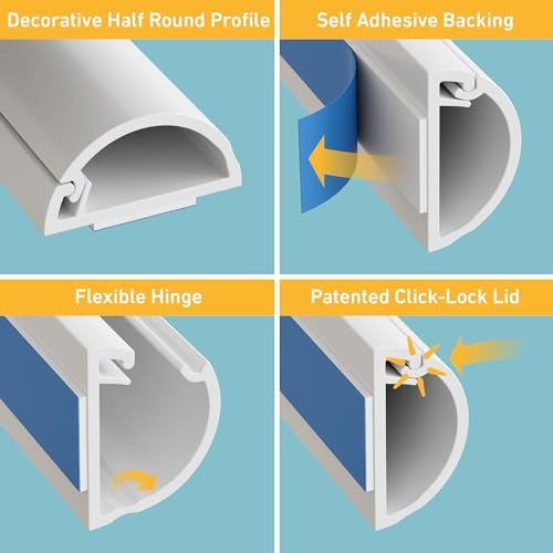 D-Line 31.4in TV Cord Hider, Patented Half Round Cable Cover, Hide Wall Mount TV Wires, Hinged One-Piece Cable Concealer, Adhesive, Decorative Raceway - 2X 0.78in W x 0.39in H x 15.7in L - White - Image 2