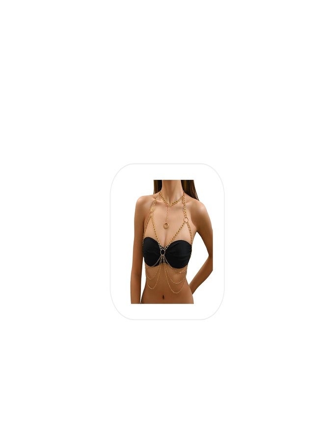WFik Summer Beach Metal Link Chain Bra Body Jewelry Sexy Multi-layered Crossover Harness Chest Chain Festival Bikini Waist Chain Body Jewelry for Women (Gold) - Image 1