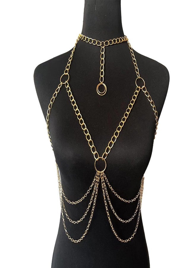 WFik Summer Beach Metal Link Chain Bra Body Jewelry Sexy Multi-layered Crossover Harness Chest Chain Festival Bikini Waist Chain Body Jewelry for Women (Gold) - Image 4