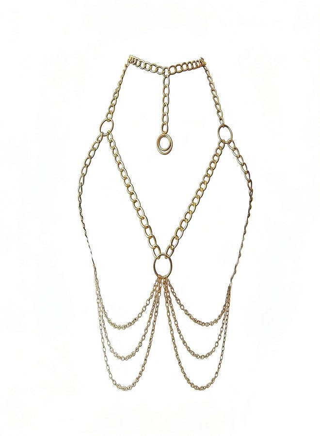 WFik Summer Beach Metal Link Chain Bra Body Jewelry Sexy Multi-layered Crossover Harness Chest Chain Festival Bikini Waist Chain Body Jewelry for Women (Gold) - Image 3