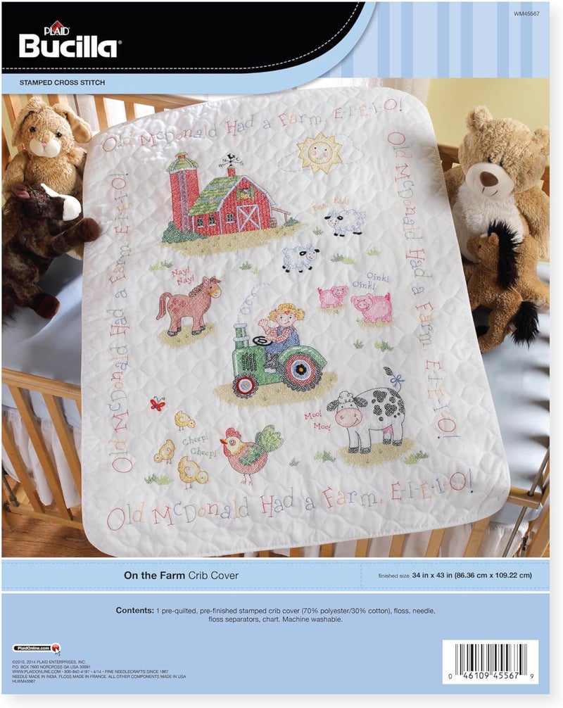 Bucilla On The Farm Crib Cover Stamped Cross Stitch Kit, 45567 34 by 43-Inch - Image 1
