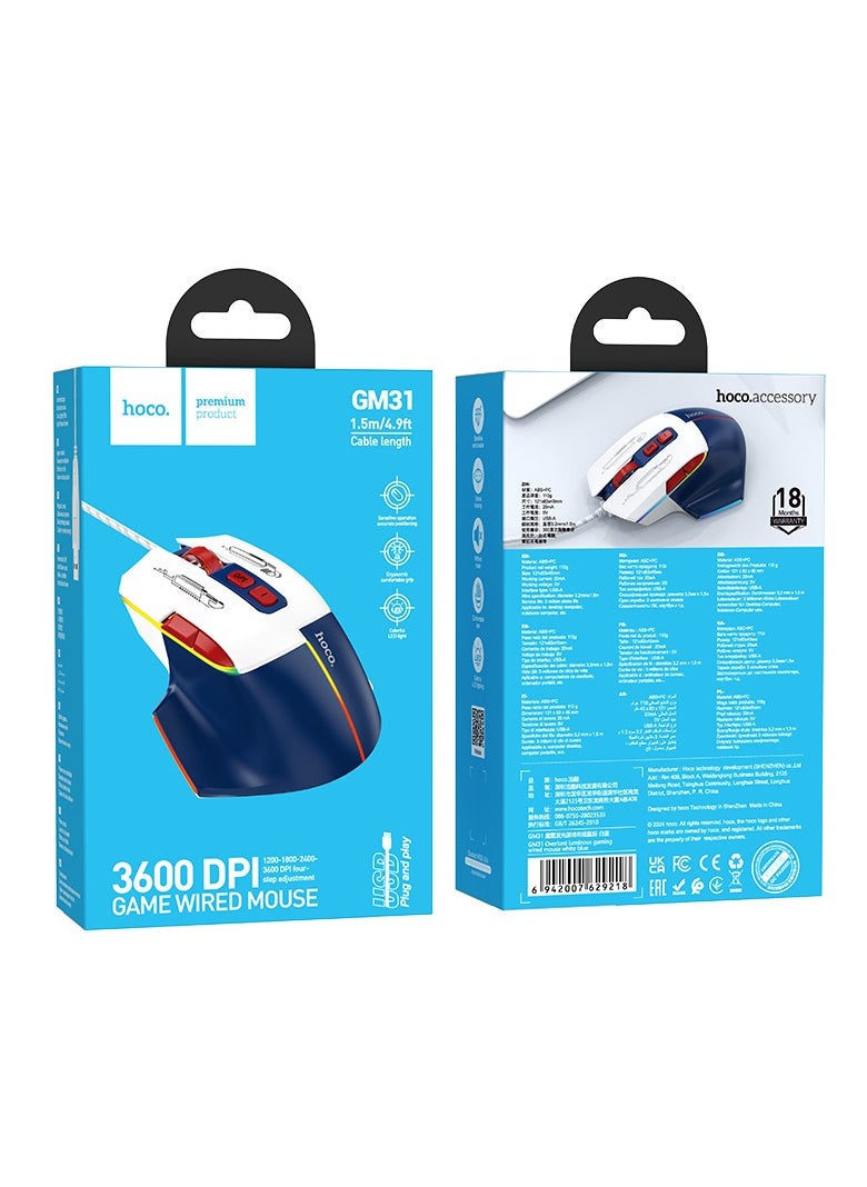 hoco. - hoco GM31 Overlord Luminous Gaming Wired Mouse – Adjustable DPI, 7 Buttons, Durable Design - Image 1
