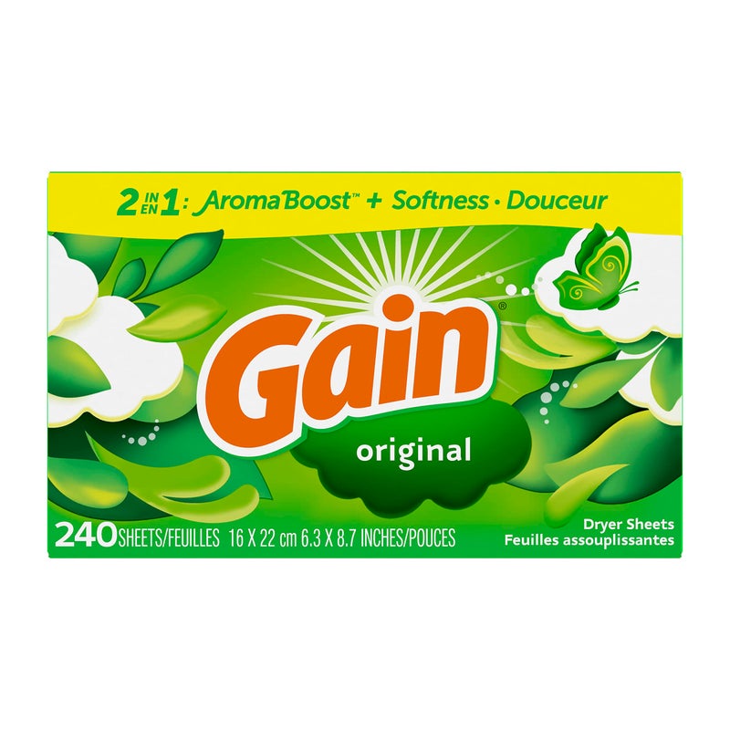 Gain مناديل جين المجففة مع خاصية إزالة التجاعيد، رائحة أصلية، 240 قطعة، تحارب الكهرباء الساكنة مع لمسة من العطر، مناديل الغسيل - Image 1