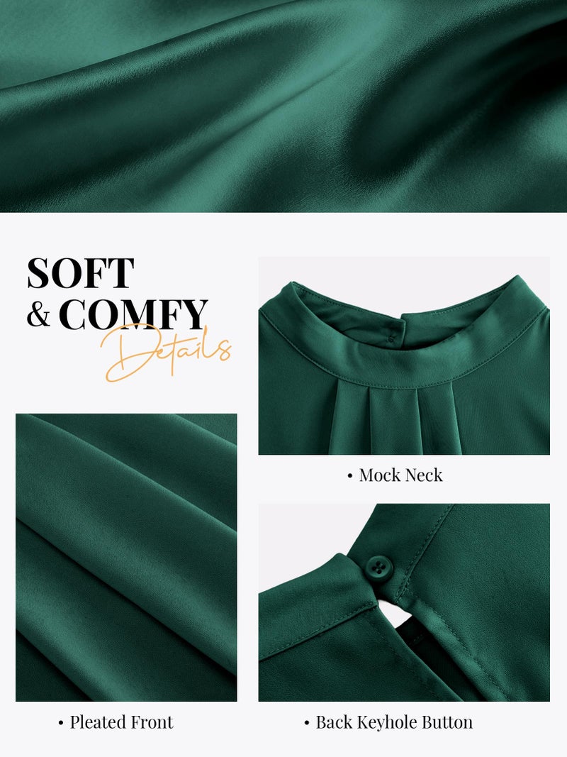 Funlingo Silk Tank Tops for Women Fashion 2026 Dressy Casual Sleeveless Satin Blouse Mock Neck Pleated Shirts Office Work Clothes Dark Green L - Image 5