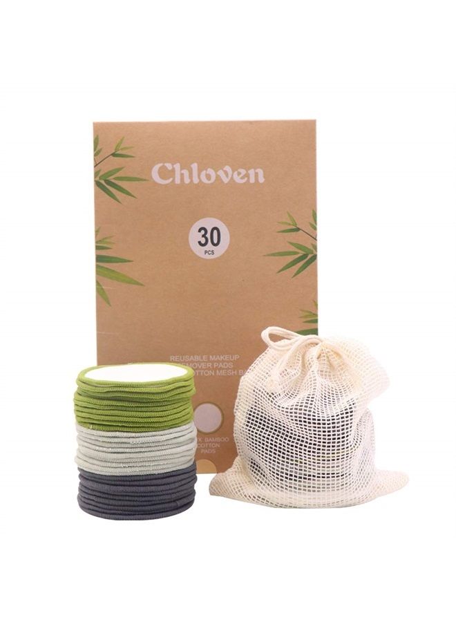 Chloven 30 Pack Reusable Makeup Remover Pads - Bamboo Reusable Cotton Rounds for Toner, Washable Eco-Friendly Pads for All Skin Types with Cotton Laundry Bag - Image 1