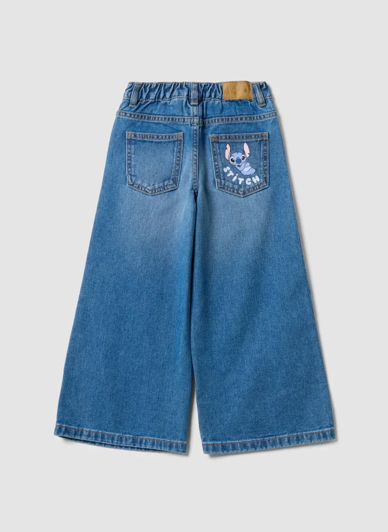 Ovs OVS Blue Pure Cotton Wide-Leg Denim Jeans With Lilo & Stitch Print For Girls