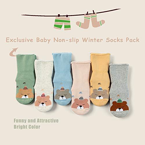 HowJoJo Toddler Warm Socks With Grips For Boys Non Slip Winter Socks Girls Thick Crew Socks 6 Pack 2-4 Years - Image 2
