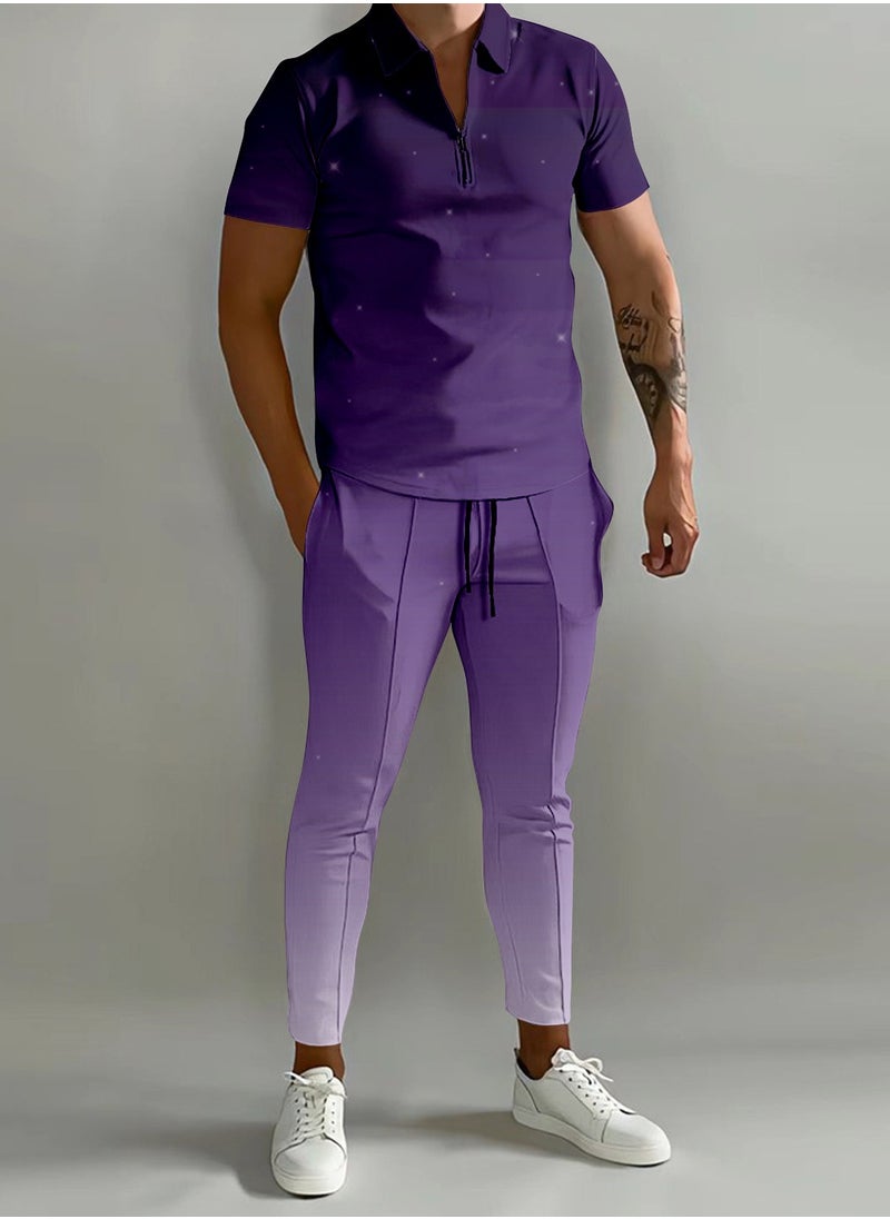 KUYING - New Men's 3D Printed Gradient Short Sleeved Polo Pants Casual Two-Piece Set - Image 1