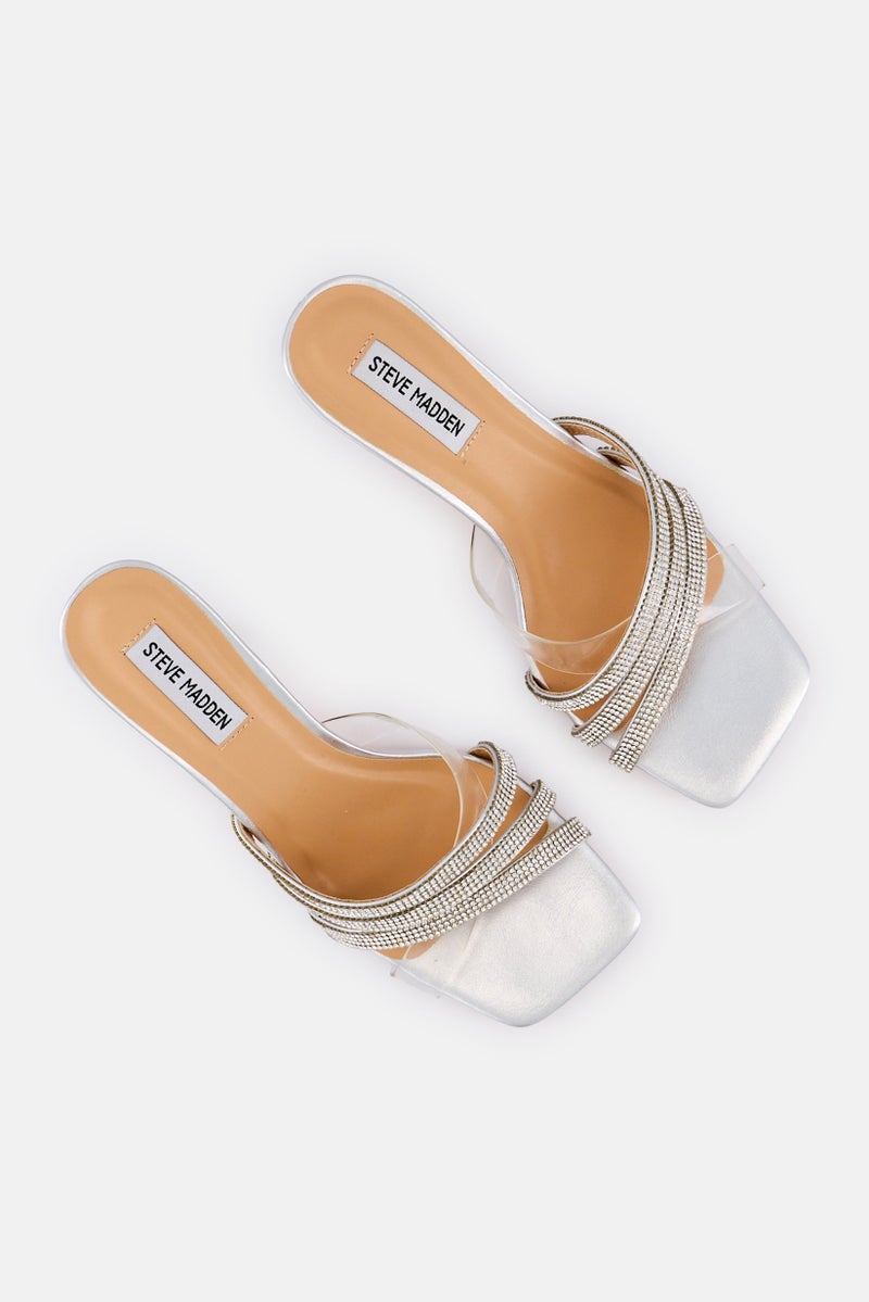 STEVE MADDEN Women Rosella Slip On Kitten Heel Sandals, Silver - Image 4