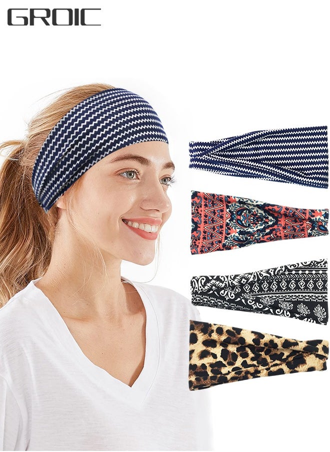 4 Pack Women's Headbands Non Slip Fashion Wide Yoga Headbands, Stretchy Sweatbands Yoga Workout Sport Running Hair Bands Summer Elastic Printed Colorful Headbands
