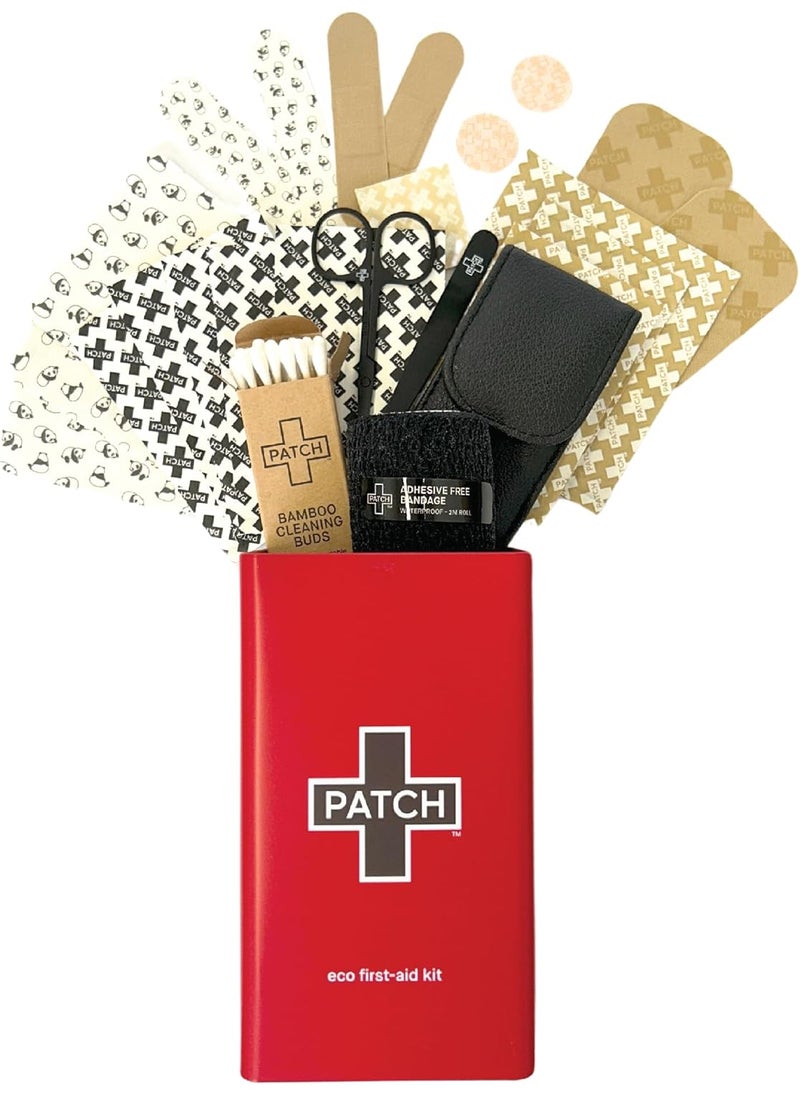 PATCH Patch Eco First Aid Kit, Assorted Hypoallergenic Adhesive Sizes Large and Small Bandages for Sensitive Skin, Essential Medical Supplies in a Reusable Tin, Latex Free, Sensitive Skin Bandages, 77 ct 