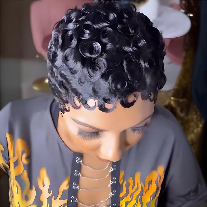 MOONSHOW Short Wigs for Black Women Pixie Cut Wig Short Afro Curly Wig for Black Women Natural Black Pixie Wigs for Black Women Synthetic Afro Curly Haircut Wigs for Women