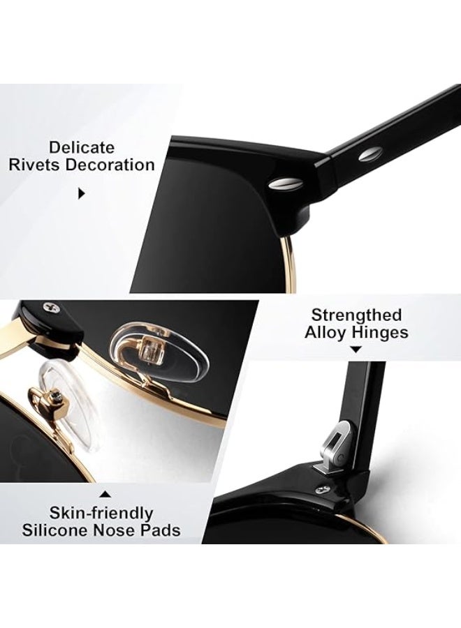 Pack of 2 Polarized Semi-Rimless Sunglasses Unisex, Retro Browline Design, UV400, Black & Gold - Image 5