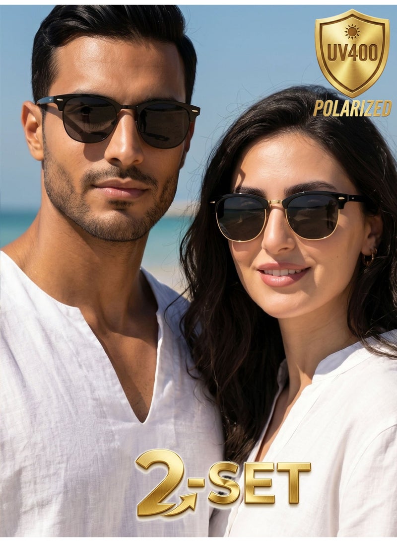 Pack of 2 Polarized Semi-Rimless Sunglasses Unisex, Retro Browline Design, UV400, Black & Gold - Image 2
