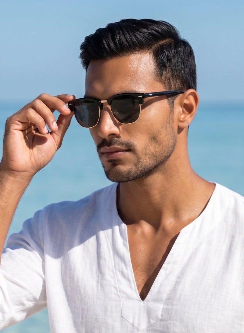 Pack of 2 Polarized Semi-Rimless Sunglasses Unisex, Retro Browline Design, UV400, Black & Gold - Image 3