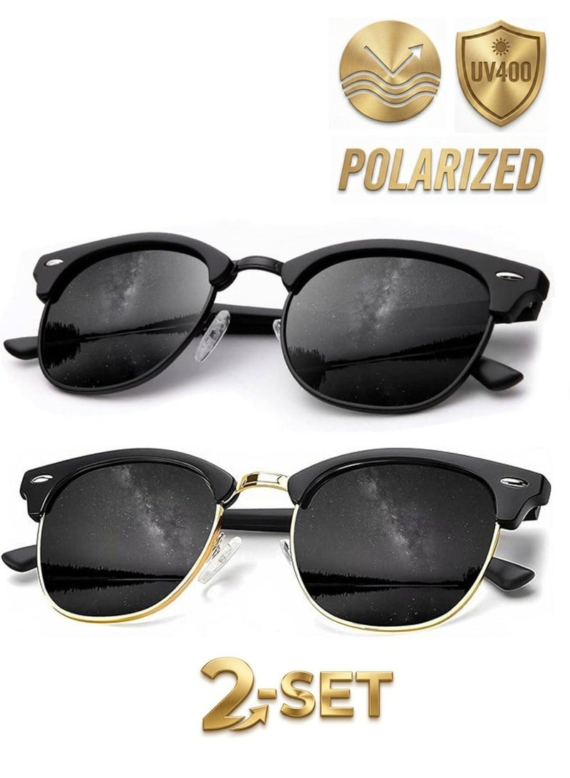 Pack of 2 Polarized Semi-Rimless Sunglasses Unisex, Retro Browline Design, UV400, Black & Gold - Image 1