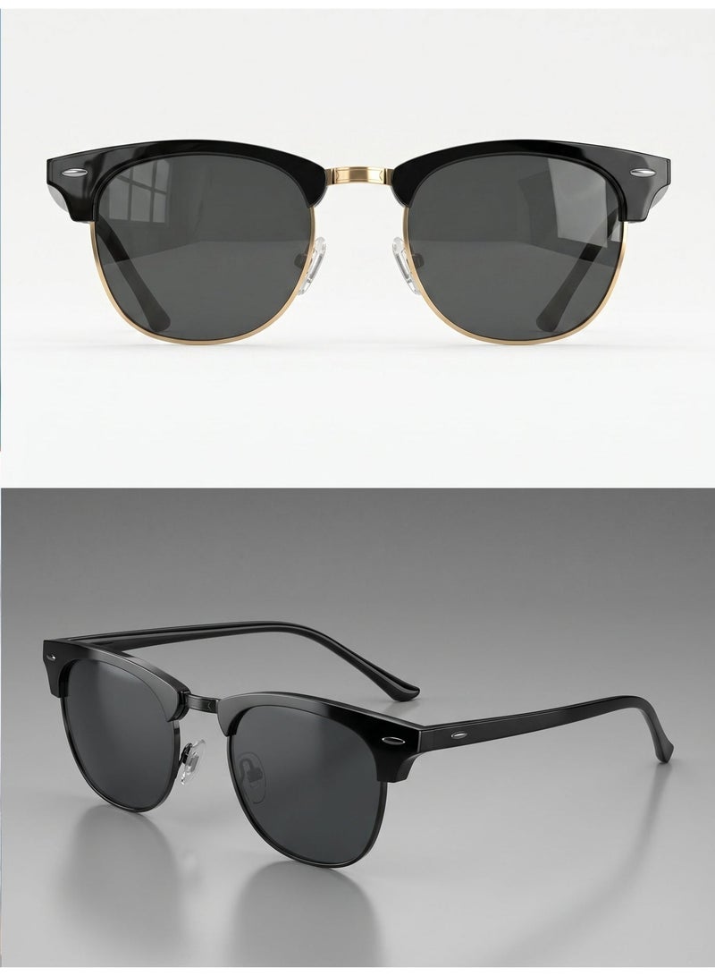 Pack of 2 Polarized Semi-Rimless Sunglasses Unisex, Retro Browline Design, UV400, Black & Gold - Image 4