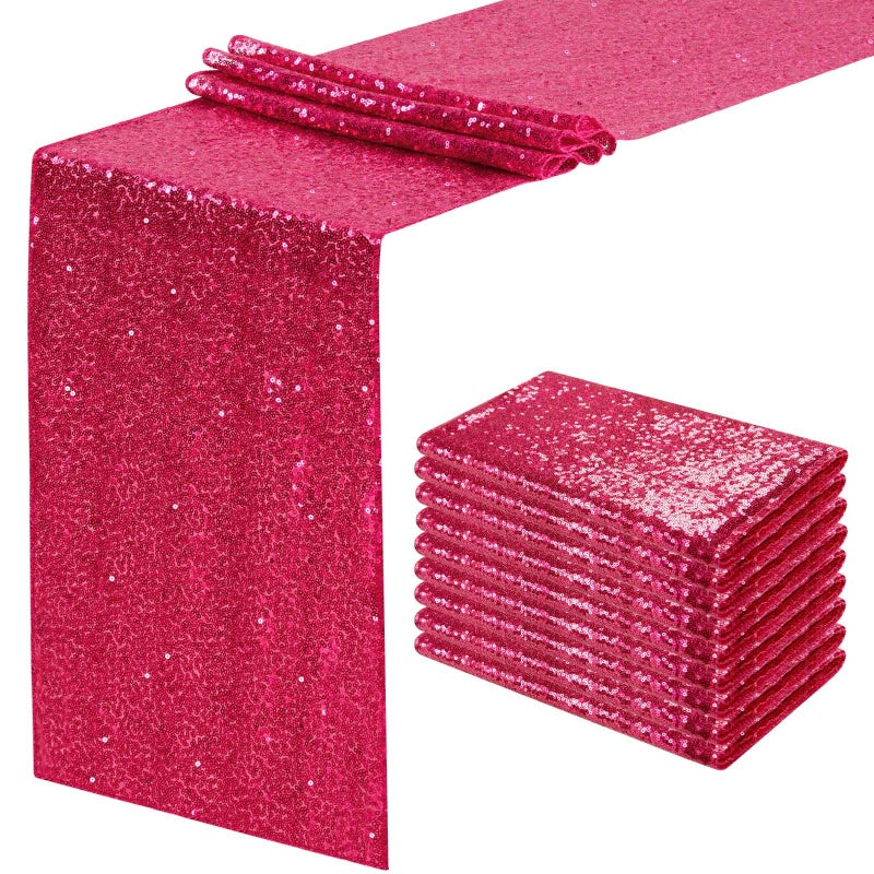 Fuchsia Table Runners 10 Pieces 12x72 Inches Sequin Glitter Table Runner for Birthday Party Baby Shower Holiday Event Table Decorations