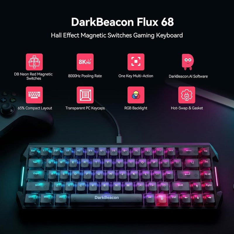 المنارة المظلمة لوحة مفاتيح 게임링 DarkBeacon Flux68 HE المغناطيسية المتصلة بالكهرباء، بنسبة توفير طاقة 65%، مع مؤقت سريع بتردد 8000 هرتز، برنامج AI، تعديل نقاط العمل بواسطة تأثير هول (Hall Effect)، قابلة للتبديل الساخن، إضاءة خلفية RGB لأجهزة الكمبيوتر والما - Image 2