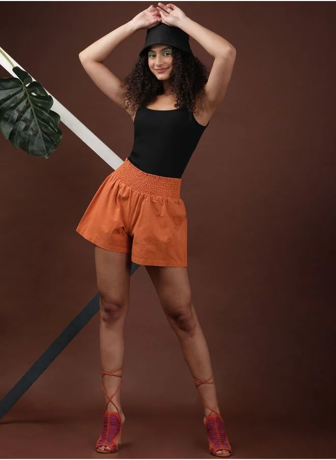 Freehand Women Flared Casual Solid Smocked Shorts