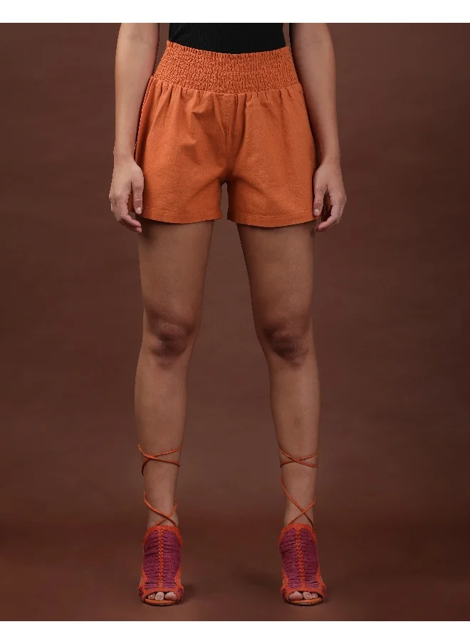 Freehand Apricot Orange Women Flared Casual Solid Short Smocked Shorts