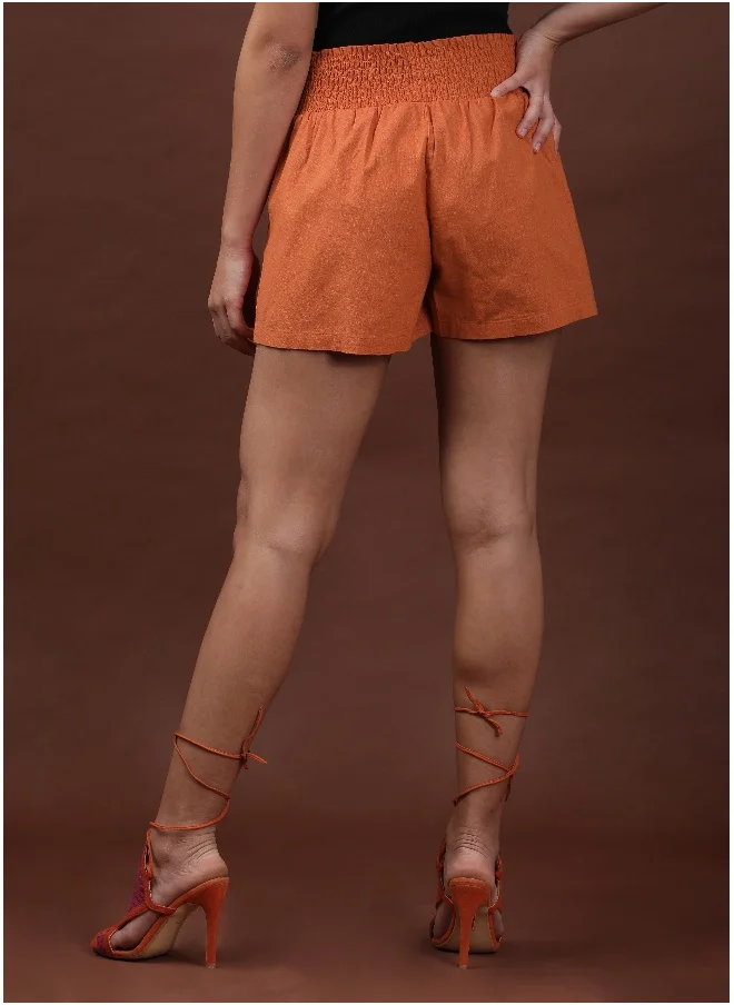 Freehand Apricot Orange Women Flared Casual Solid Short Smocked Shorts