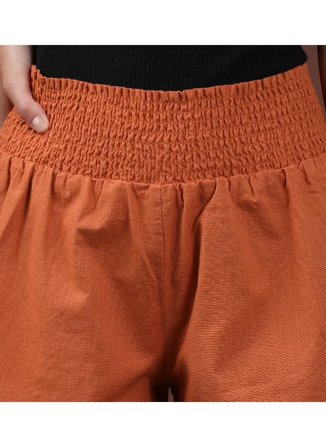 Freehand Apricot Orange Women Flared Casual Solid Short Smocked Shorts