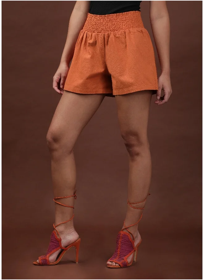 Freehand Apricot Orange Women Flared Casual Solid Short Smocked Shorts