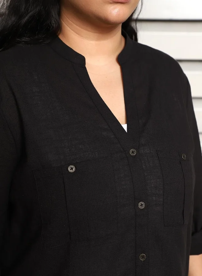 HIGH STAR Women's Black Rayon Solid Pattern Button Down Relaxed Shirt