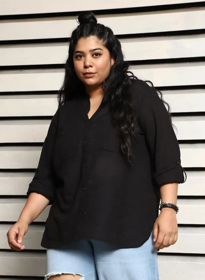 HIGH STAR Women's Black Rayon Solid Pattern Button Down Relaxed Shirt